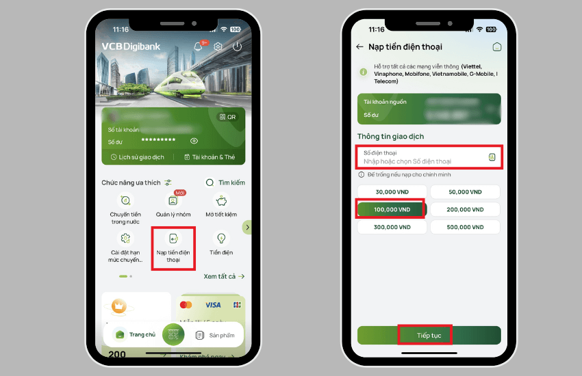 Nap tien dien thoai Viettel tren app ngan hang