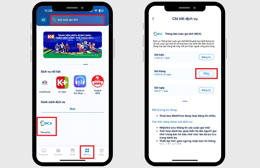 Cach huy dich vu MCA MobiFone tren ung dung