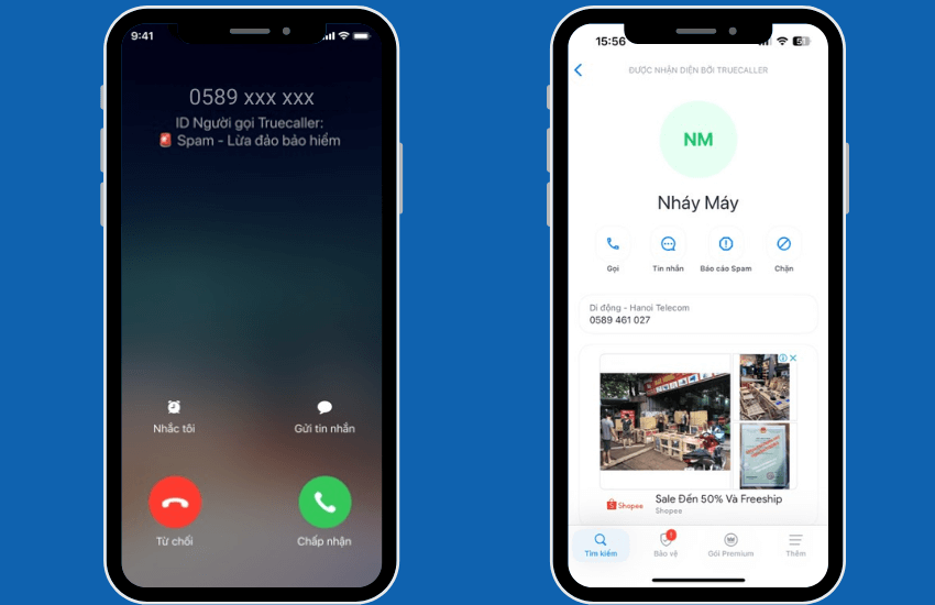 Nhan dien so dien thoai 0589 qua app Truecaller 